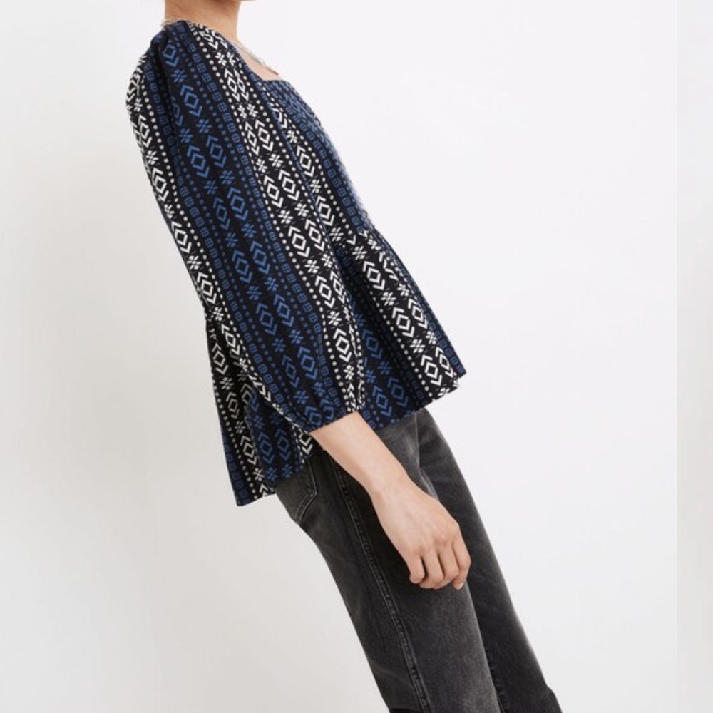 XL Madewell Blue and White Geometric Peplum Top - Picture 11 of 15